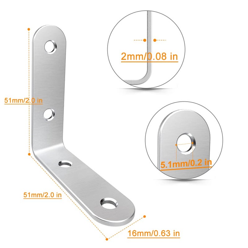 LuckIn 20 Pcs L Bracket Stainless Steel Corner Brace Sets, 90 Degree Right Angle Shelf Brackets with Screws for Wood Furniture, Chairs, Table, 50mm x 50mm, Silver, 2 Inch - Image 2